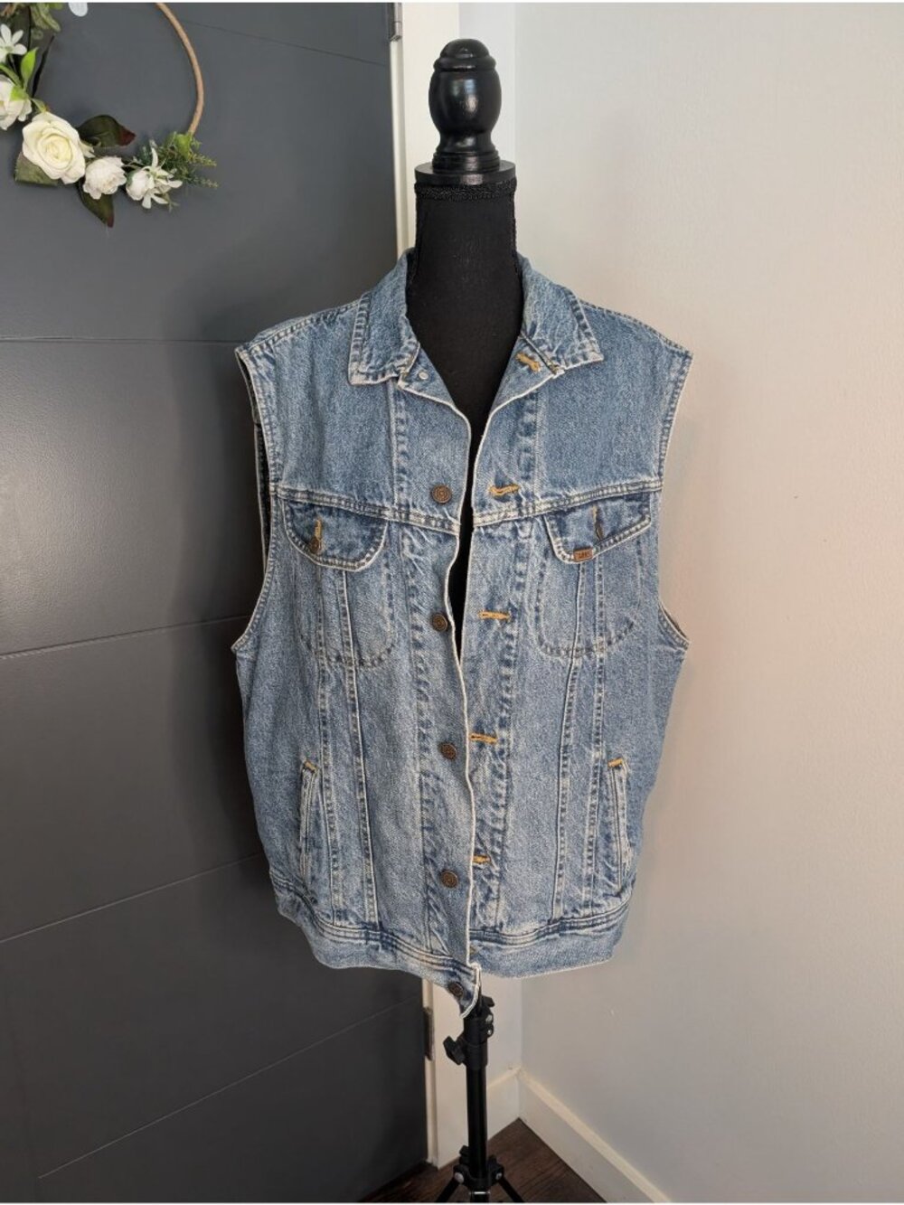 Vintage 90's Lee Denim Vest With Red Plaid Flannel Lining - Large